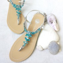 wedding photo - Something Blue Ombre Wedding Sandals Shoes for Beach, Destination Wedding with Rhinestone Crystal Strappy Silver Bridal Thong