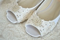 wedding photo - Flat Peep Toe Wedding Shoes , Lace, Crystals, Pearls, Custom Colors, Lace, Wedding Flat Bridal Shoes.