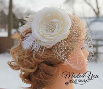 wedding photo - Ivory Flower Feather Birdcage Veil - Bridal Birdcage Veil - Wedding Headpiece