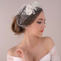 wedding photo - Whimsical Bohemian Bridal birdcage veil with Pearl, Bandeau Birdcage Veil with flower headpiece, Bride Wedding ivory floral hair accessories
