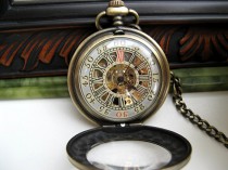 wedding photo - Premium Victorian Engravable Bronze Mechanical Pocket Watch includes Watch Chain - Groomsmen - Men - Steampunk - Watch - Item MPW248