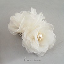wedding photo -  Pure Silk, Double Rose Bridal Hair Flower Comb, Bridal Headpiece, Ivory, White, Wedding Hair Accessories, Freshwater Pearl Wedding Headpiece