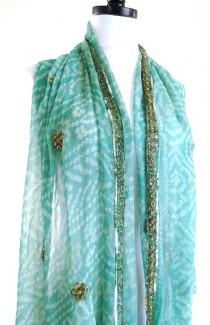 wedding photo - Aqua Silk Scarf, Tie Dye Scarf, Blue Bandana, Indian Silk, Vintage Sari Scarves, Indian Wedding Shawl, Hippie Veil, Bollywood