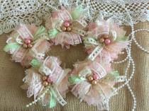 wedding photo -  5 shabby chic lace pink, honey, ivory and light green color handmade flowers