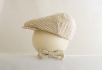 wedding photo - Khaki seersucker flat cap and bow tie set, Spring baby prop hat set, country wedding ring bearer hat - made to order