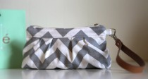 wedding photo - Chevron ZigZag in Grey and White - Pleated Wristlet Clutch, Wedding Clutch, Wristlet Purse with Detachable Faux Leather Handle