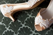wedding photo - Wedding shoes peep toe low heel and high heel bridal shoes embellished with floral ivory Venice lace