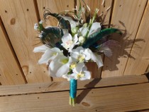 wedding photo - Real touch Calla lily and peacock bridal bouquet, groom's boutonniere, white calla lilies, orchids, peacock feathers, teal satin ribbon