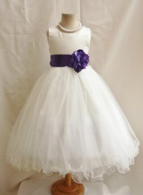 wedding photo - Flower Girl Dresses - IVORY with Purple Eggplant (FD0FL) - Wedding Easter Junior Bridesmaid - For Children Toddler Kids Teen Girls