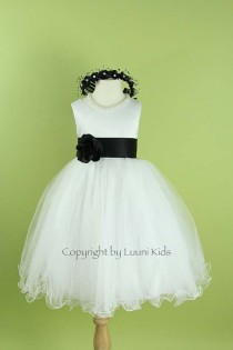 wedding photo - Flower Girl Dress - WHITE Wavy Bottom Dress with BLACK Sash - Communion, Easter, Junior Bridesmaid, Wedding - From Toddler to Teen (FGWBW)