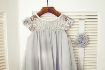 wedding photo - On Sale Gray Chiffon Lace Flower Girl Dress Kids Children Dress Junior Bridesmaid Dress for Wedding