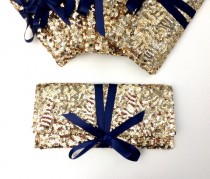 wedding photo - Navy and Gold Bag // Gold sequins clutch with navy bow // Sparkle glitter envelope slim wedding bag // Party clutch