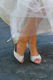 wedding photo - Wedding shoes silver gold metallic d'orsay peep toe low heel short heel high heel bridal shoes embellished with ivory French lace