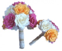 wedding photo -  Hot pink Bridal bouquet package, Begonia bouquet, Tangerine bouquet, Paper bouquets, Burlap Bouquet, Fake flower bouquets, Vintage bouquets