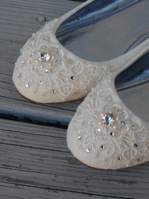 wedding photo - Shimmer Lace Bridal Ballet Flats Wedding Shoes - Any Size - Pick your own crystal color