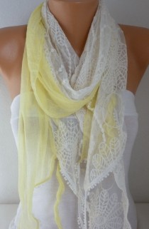 wedding photo - Yellow Lace Scarf  Floral Scarf Shawl Scarf -  Cowl - bridesmaid gifts best selling item scarf Women's Fashion Accessories