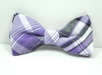 wedding photo - Purple and Gray Plaid Men's Bow Tie, Plaid Bowtie, Groomsmen Tie, Men's Tie