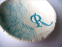 wedding photo - Bridesmaid Gift Dishes Lace Initial ONE (1) Dish