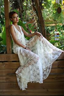 wedding photo - Bridal Lingerie Sheer Lace Nightgown Tie Front Waterfall Gown Wedding Sleepwear Honeymoon White Ivory Lace