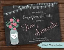 wedding photo - Rustic Engagement Party Invitation- Mason Jar - Chalkboard Style -Strung Lights - Color - Black & White -Sweet Melissa Creations