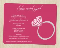 wedding photo - She Said Yes Wedding Shower Invitations, Bridal Shower Watermelon Hot Pink, Ring Invites, Set of 10 Printed with envelopes,FREE shipping