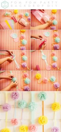 wedding photo - DIY pastel pompom party backdrop by Hip Hip Hooray 