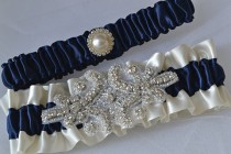 wedding photo - Wedding Garter Set - Navy Blue Garters And Ivory Satin With Rhinestone Embellishments, Garter Belts, Bridal Garter Set