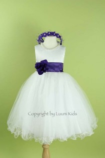 wedding photo - Flower Girl Dress - WHITE Wavy Bottom Dress with Purple EGGPLANT Sash - Communion, Easter, Jr. Bridesmaid, Wedding - Toddler to Teen (FGWBW)