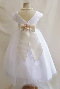 wedding photo - Flower Girl Dresses - WHITE with Champagne Satin Dress (FD0SV) - Wedding Easter Bridesmaid - For Children Toddler Kids Teen Girls