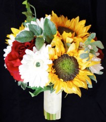wedding photo - Fall Silk Wedding Bouquet with Red and Yellow Sunflowers and Gerberas Silk Bridal Flowers
