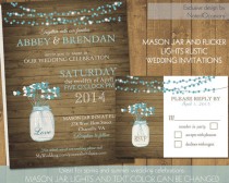 wedding photo - Mason Jar Wedding Invitations- Rustic Mason Jar Country Wedding Invitations with Flowers and dangling lights  - on wood grain background