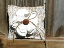 wedding photo - Rustic PET burlap Lace Ring Bearer Pillow for DOG or PUPPY, Vintage Wedding Chic Fabric Flower, Custom button color