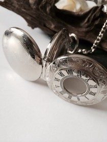 wedding photo - Personalized Silver Pocket Watch Steampunk Mechanical Watch Double Hunter pocket watch with chains Groomsmen Gift VM023