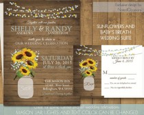 wedding photo - Mason Jar Sunflowers and Baby's Breath Wedding Invitations 