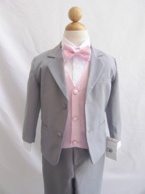 wedding photo - Formal Boy Suit Gray with Pink Light Vest for Toddler Baby Ring Bearer Easter Communion Bow Tie Size 10, 12, 14, and More