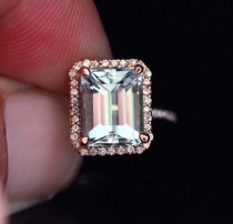 wedding photo - Natural Aquamarine and Diamond Engagement Ring 14k Rose Gold with Aquamarine Emerald Cut 10x8mm and Diamonds