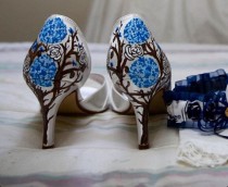 wedding photo - Ivory Wedding Shoes,  blue hydrangea shoes, manzanita trees shoes, peonies and roses, roses shoes. Hydrangea wedding shoes, floral wedding