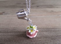 wedding photo - Daisy Flowers In a Teacup Jewelry Necklace - Pink Teacup - White Flower Daisies - Silver Watering Can Jewelry
