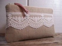 wedding photo - Small Clutch in linen fabric with pretty white lace very romantic bag , wedding purse . Would be great for a night out or for cosmetics.