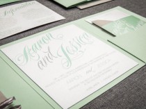 wedding photo - Green Wedding Invitations, Modern Wedding Invitations, Calligraphy Party Invites, Sweeping Script - Pocketfold, No Layers, v2 - SAMPLE