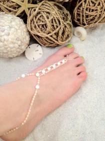 wedding photo - Barefoot sandal - peach and white beaded foot jewelry, beach wedding shoes, anklet toe ring