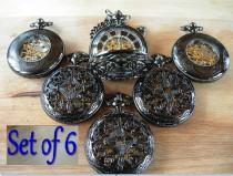 wedding photo - Set of 6 Pocket Watches Gunmetal Black Celtic Love Knot Groomsmen Gift Wedding Set Ships from Canada
