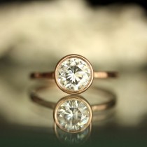 wedding photo - 6.5mm Forever Brilliant Moissanite 14K Rose Gold Engagement Ring, Stacking Ring - Made To Order