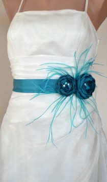 wedding photo - Handcraft Teal Two Flowers With Feathers Wedding Bridal Sash Belt