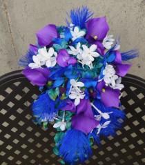 wedding photo - Cascading bridal bouquet, teal, purple, blue hydrangeas, dedrobium orchids, stephanotis, ostrich feather accent