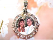 wedding photo - Pearls & Silver Memorial Photo Charm , Wedding Bouquet - WITH OR WITHOUT Pearls - Custom Shiny Filigree Round Vintage Bridal