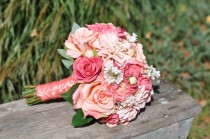 wedding photo - Wedding Flowers, Summer Wedding Bouquet, Keepsake Bouquet, Bridal Bouquet with Peach Dahlia, Coral Rose tones silk wedding flower bouquet.