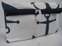 wedding photo - Bridesmaid Gift /New Summer Foldover Clutch/Cosmetic/Make Up Bag / Wedding in Summer Nautical Anchor in Navy