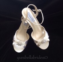 wedding photo - MARGIE - Satin and Lace Wedge Heel Wedding Shoes with Crystal Brooch