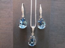 wedding photo - Denim Blue Swarovski Bridesmaid Jewelry Set/Swarovski Blue Crystal/Bridesmaid Set/Crystal Necklace/Swarovski Blue Crystal Earrings/ Wedding